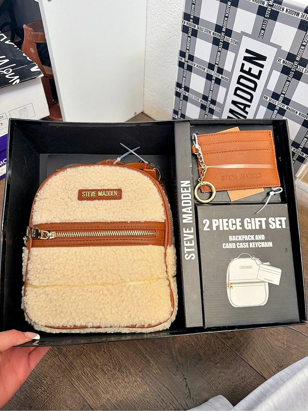 Steve Madden Sherpa Mini Backpack and Card Case Keychain 2-Piece Gift Set Brown